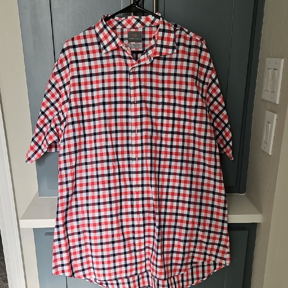 Thomas Dean 100% Cotton Red, White, and Blue Plaid Shirt
